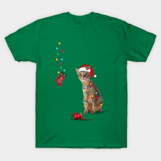 Santa Cat Tangled Up In Christmas Lights T-Shirt